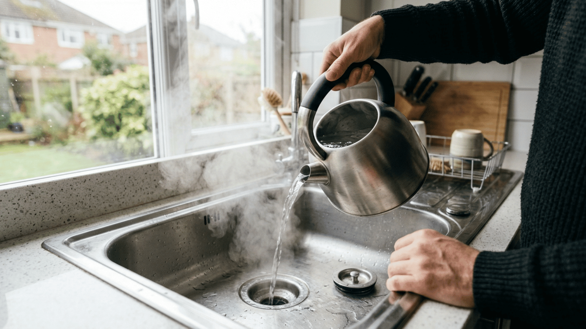 pouring boiling water down a clogged kitchen sink drain