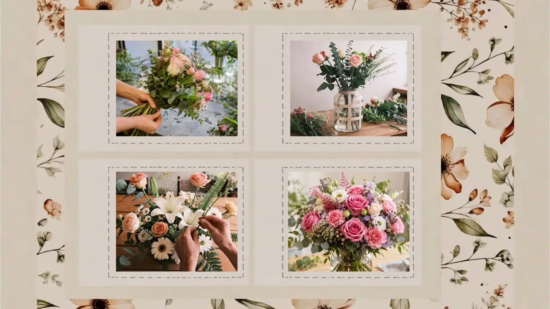 bouquet arrangement techniques showing spiral hand tied method vase grid varied flower heights and balanced colors