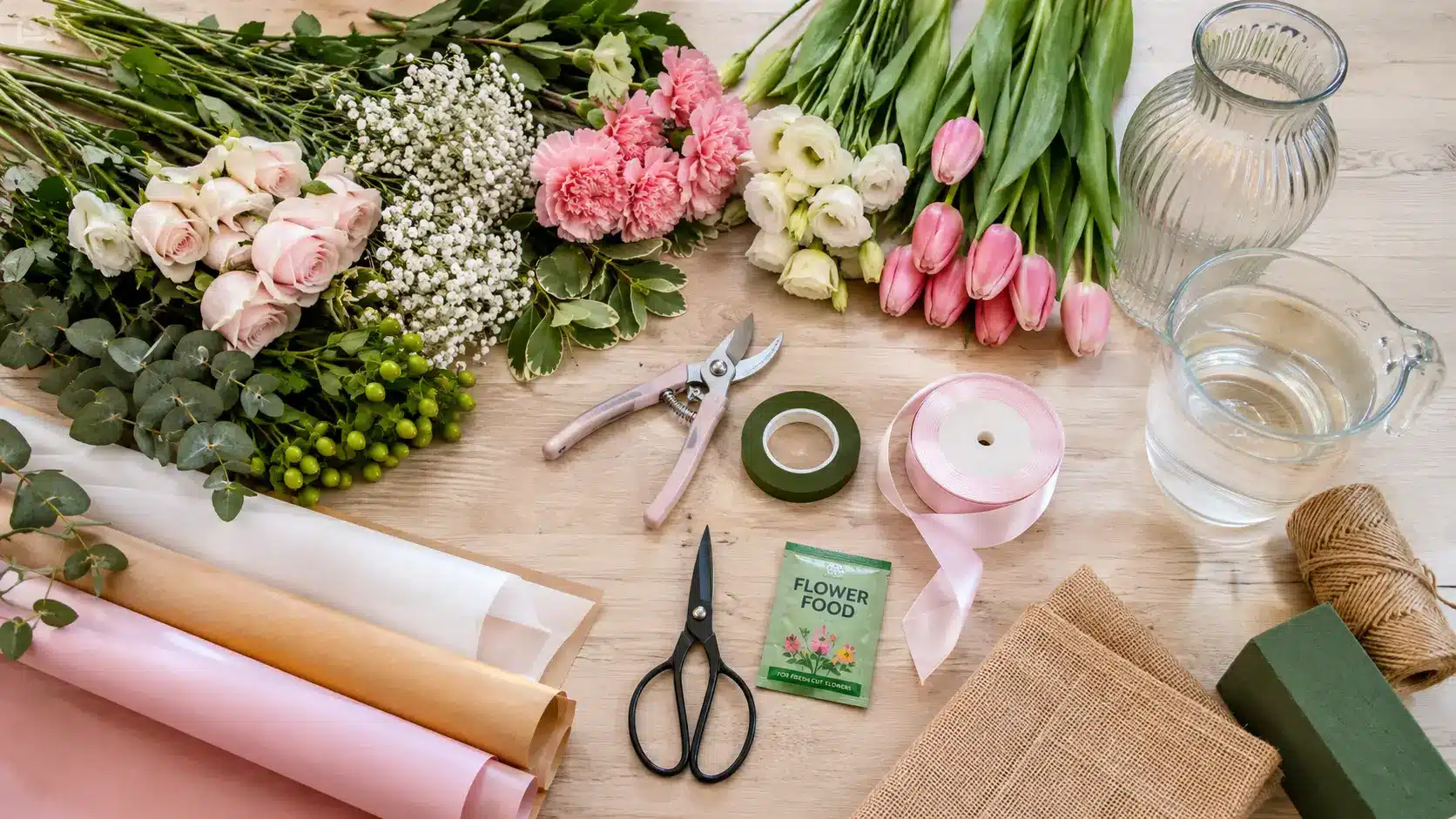 bouquet making supplies arranged on a craft table with fresh flowers shears ribbon vase wrapping paper and water container