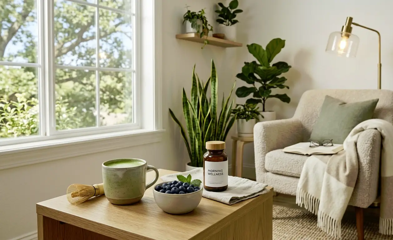Matcha latte and blueberries on wooden table in cozy living room with plants and armchair