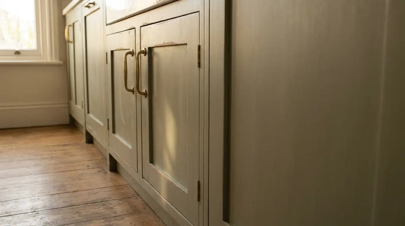 Wooden kitchen cabinets with brass handles under warm natural light on a hardwood floor