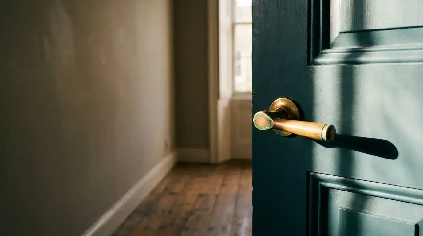 Door slightly ajar in a softly lit room with hardwood floor and brass handle