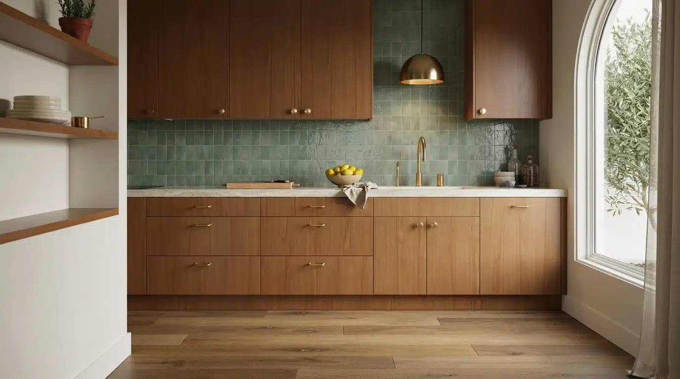A kitchen featuring wooden cabinets, green tile backsplash, and brass hardware accents.