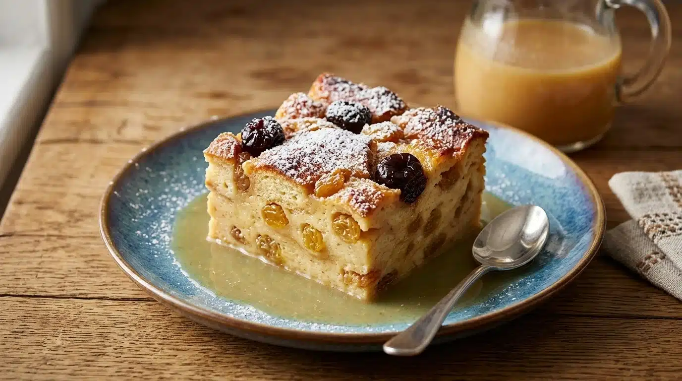 Bread pudding topped with raisins and a drizzle of orange marmalade, served in a white dish.