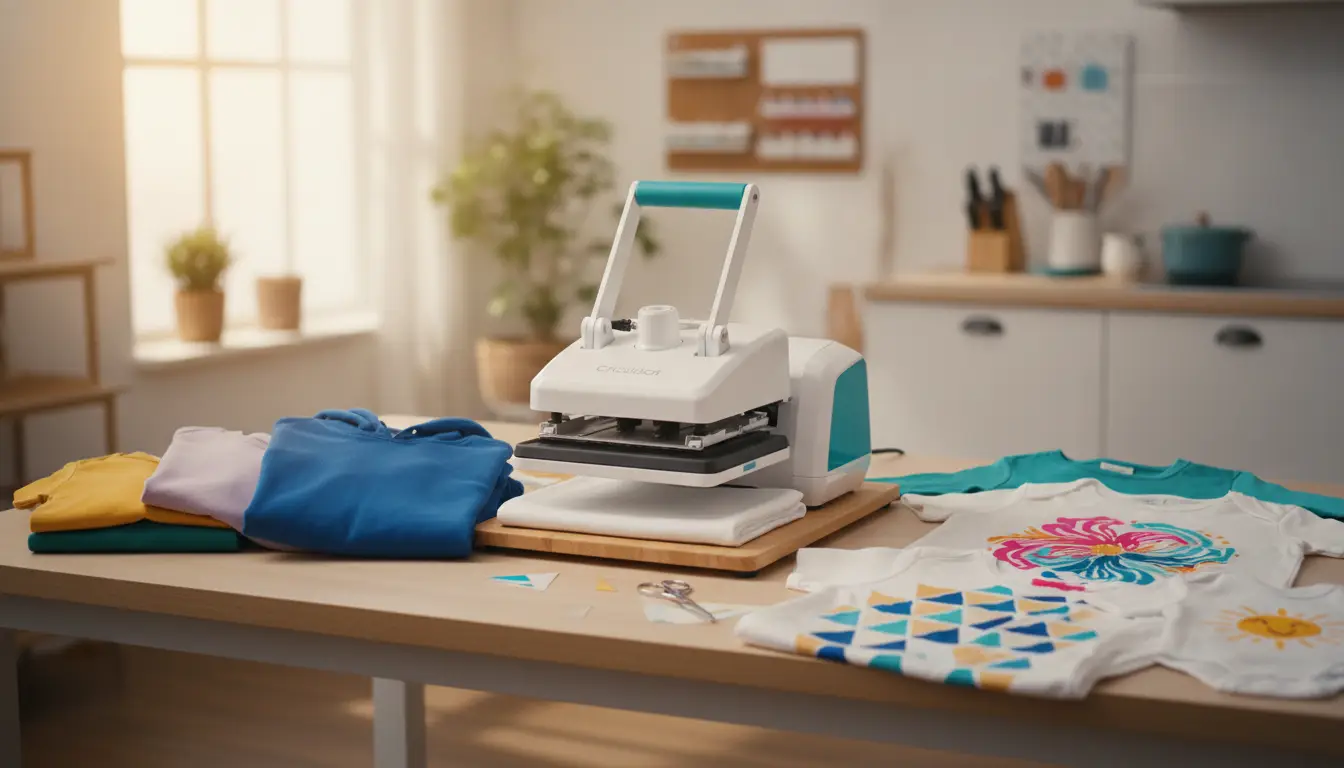 Heat press machine with colorful printed shirts on wooden table in bright craft room