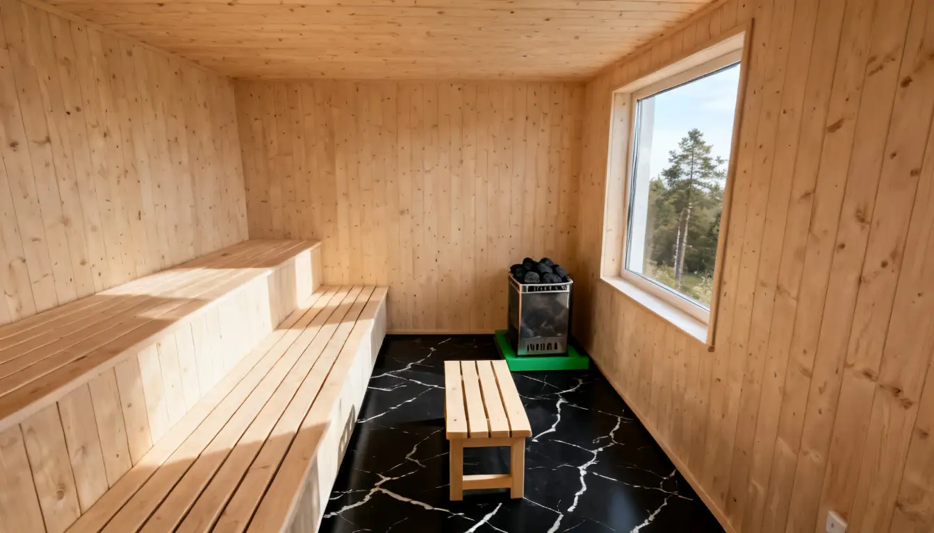 A sauna room featuring wooden benches and a warm, inviting atmosphere for relaxation and wellness