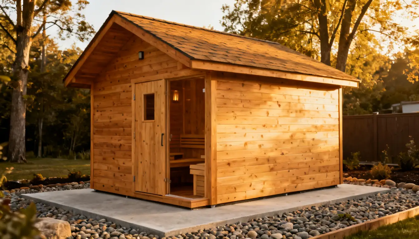 Wooden outdoor sauna with a glass-paned door and interior benches, set on a concrete pad surrounded by river stones.