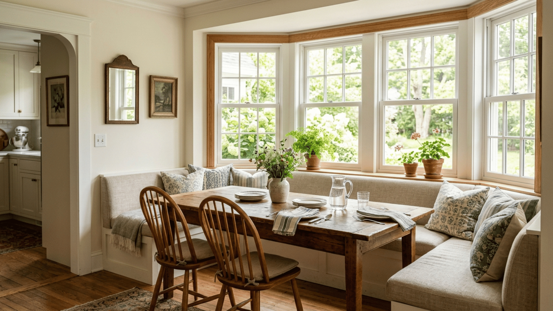 built in banquette seating fitted into a dining room bay window
