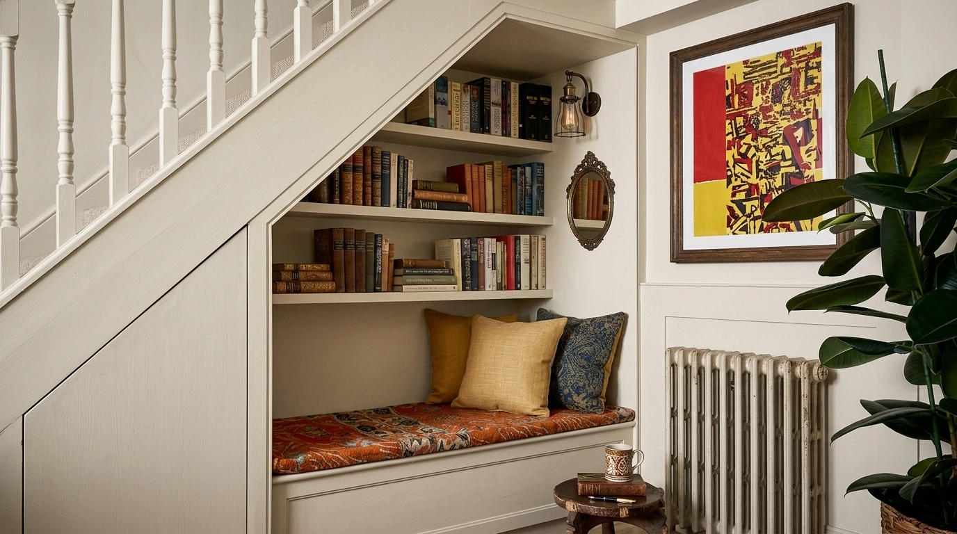A dining area featuring a table with chairs and a vibrant painting displayed on the wall.