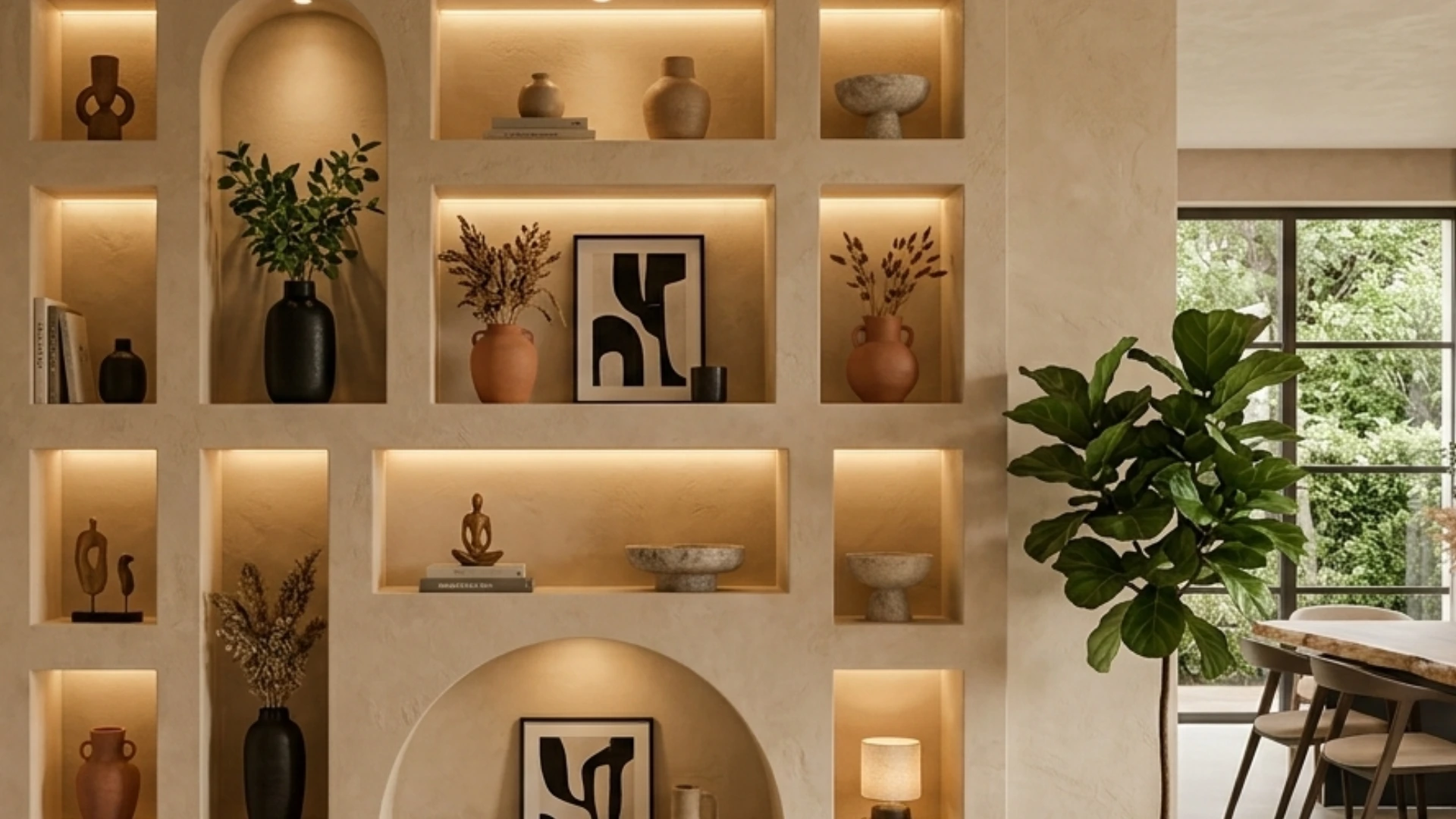 A living room wall with illuminated recessed built-in nichos displaying decorative objects, plants, and artwork, with a fiddle leaf fig plant and dining area visible through a window.