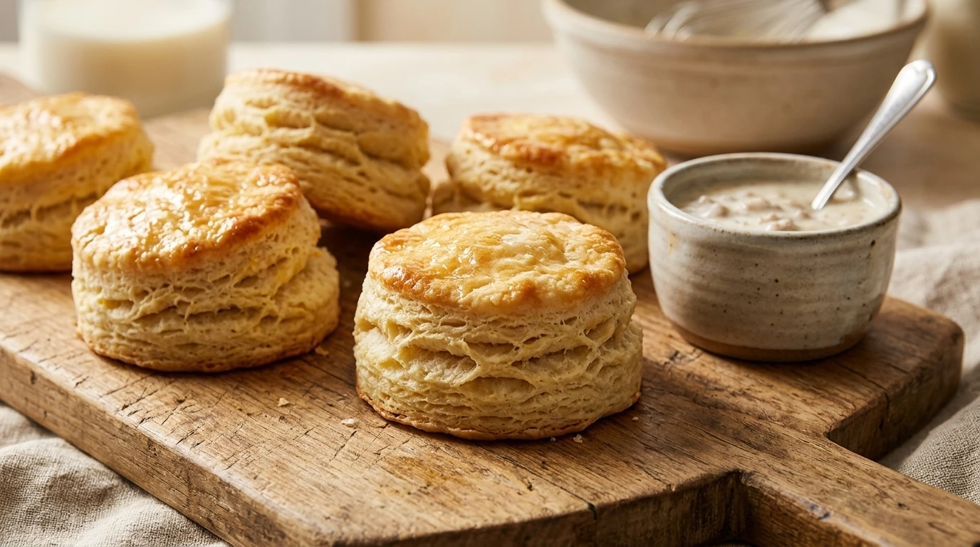 Biscuits arranged on a cutting board, accompanied by a pat of butter and a glass of milk.
