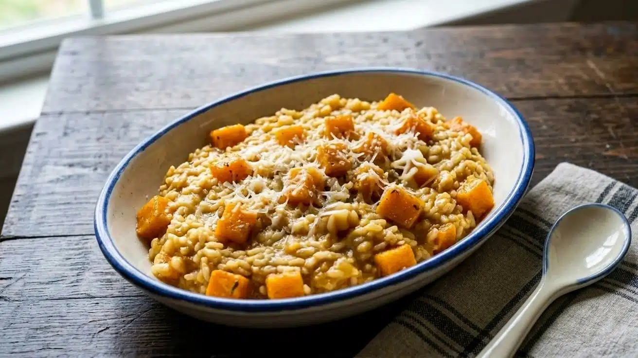Creamy butternut squash risotto topped with Parmesan cheese and roasted squash cubes.