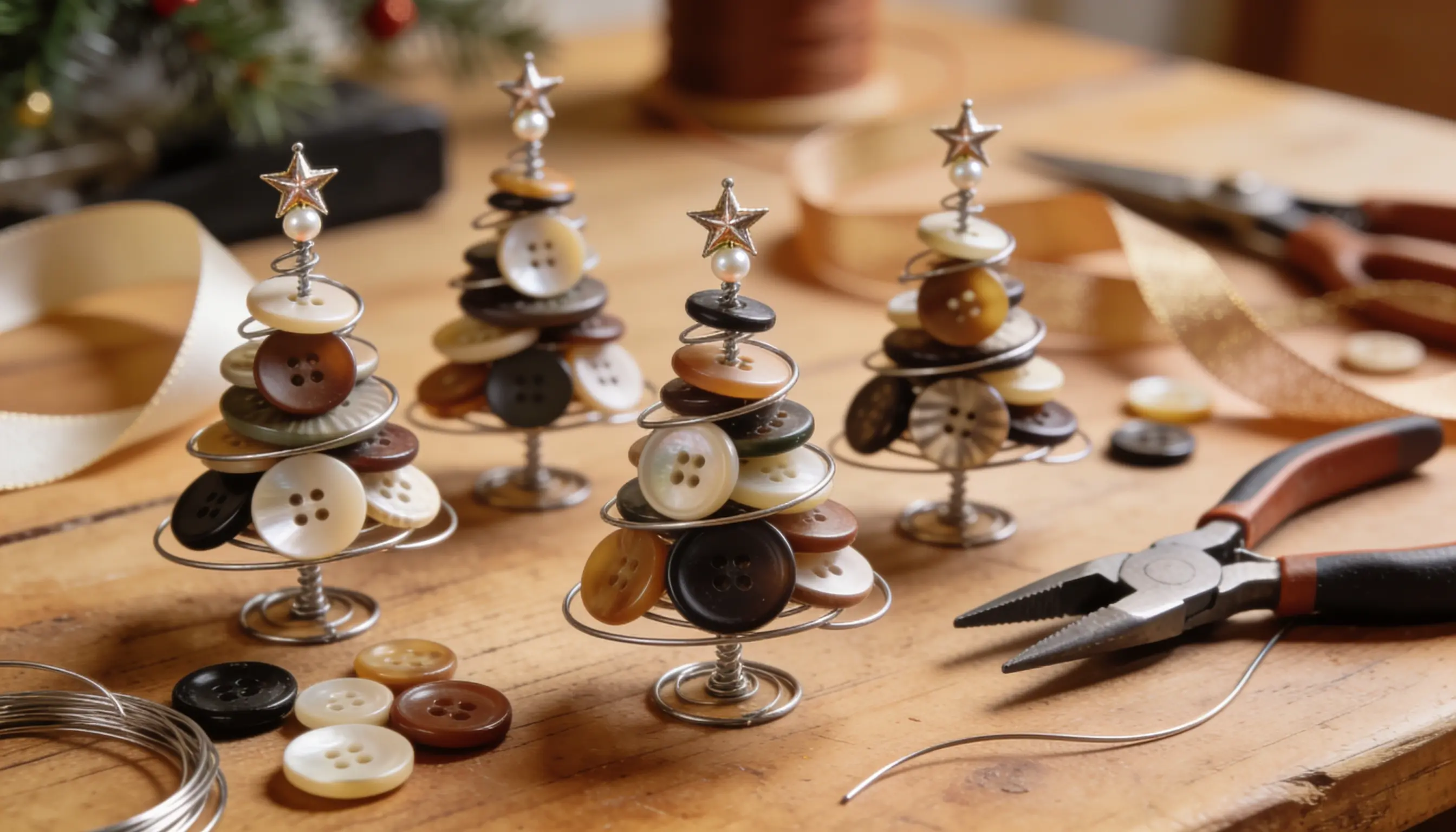 Four DIY Christmas trees made of stacked buttons on wire stands with craft supplies scattered around.