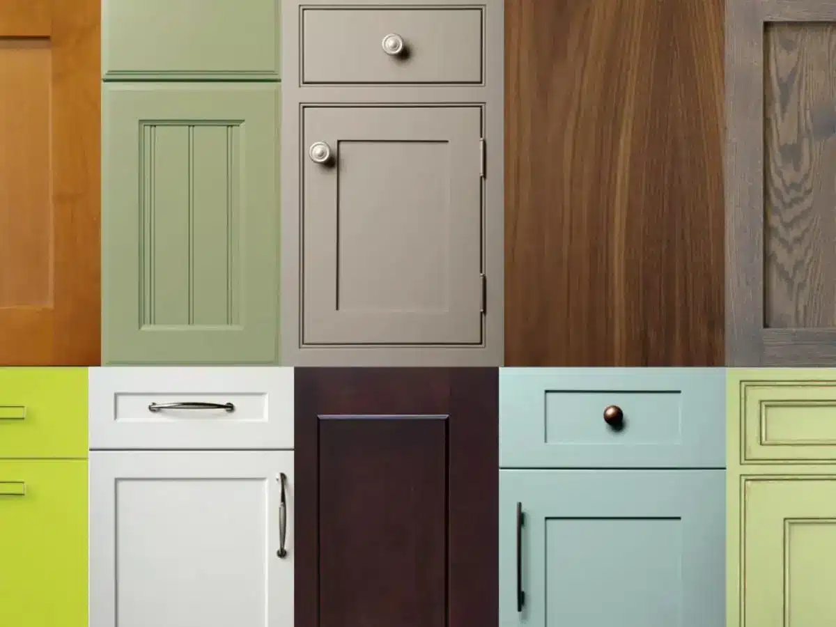 Assorted kitchen cabinet door styles and finishes in various colors and wood textures