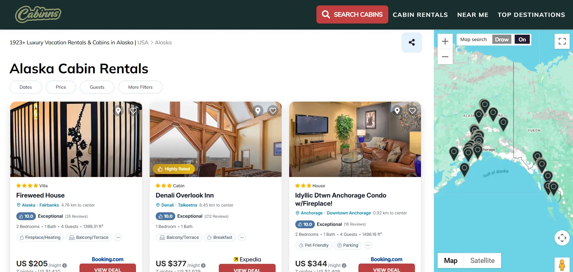 Website page displaying Alaska cabin rental listings with map and detailed property cards