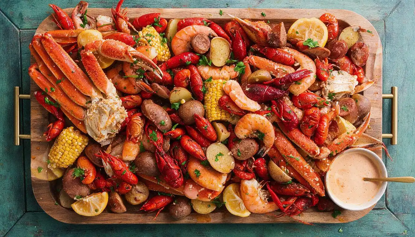 A wooden platter overflowing with a seafood boil featuring crab legs, shrimp, crawfish, corn on the cob, and potatoes, with a side of dipping sauce.