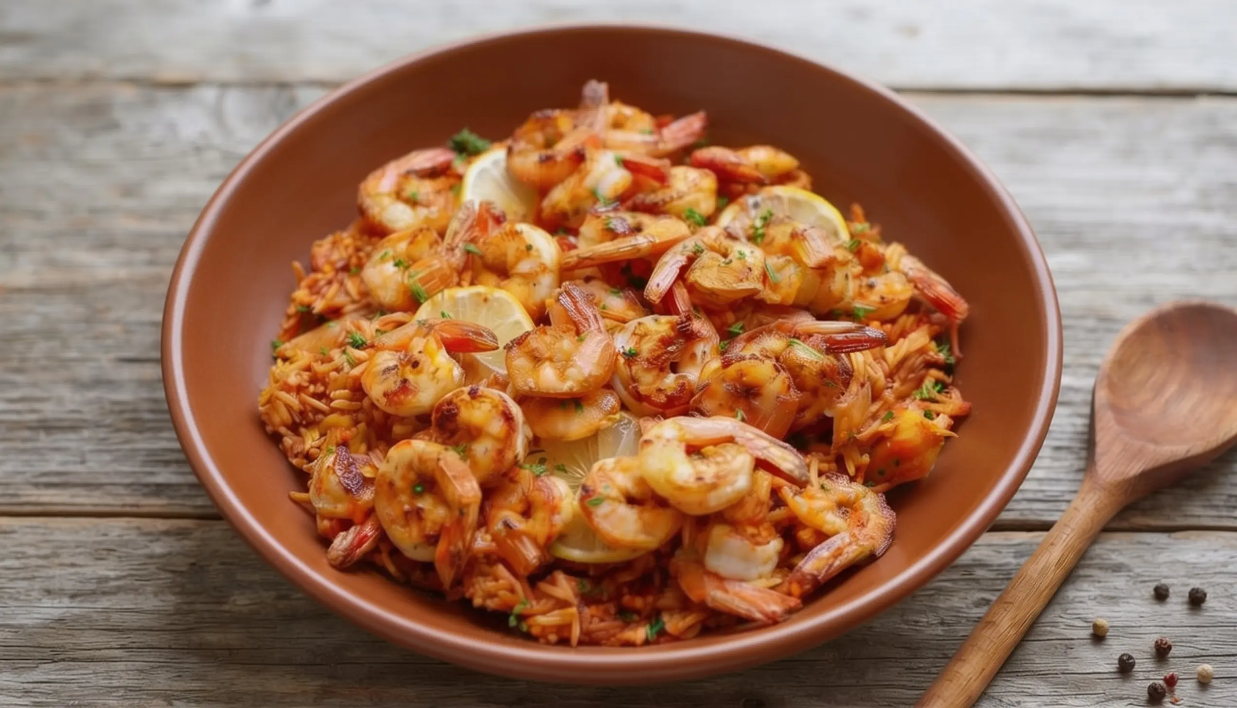 Close-up of a bowl containing shrimp and rice, set on a rustic wooden table, showing the meal's presentation.