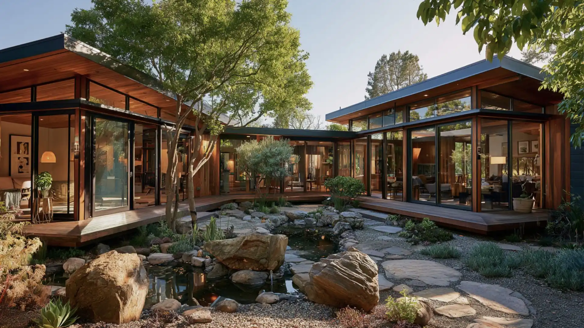 Modern single-story home with large glass walls and wooden siding, centered around a tranquil courtyard garden featuring a koi pond, stone pathways, and lush landscaping under bright daylight.
