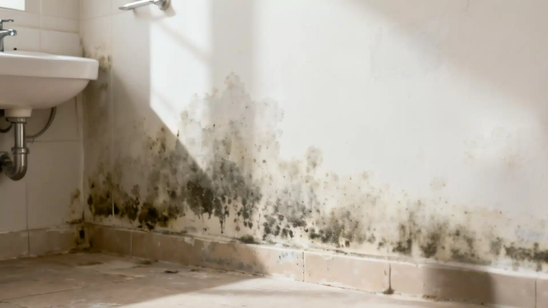 Black mold growing on a damp bathroom wall near the floor and sink due to moisture buildup.