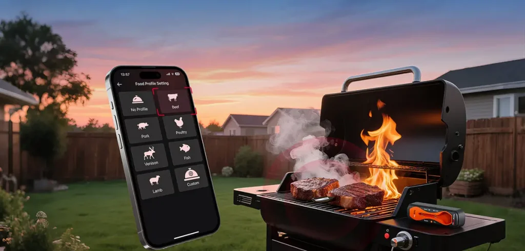 Flames grilling steaks on barbecue with smartphone displaying food settings at sunset in backyard