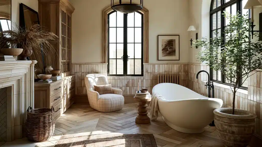 Cozy bathroom with freestanding bathtub, armchair, potted plant, and wooden accents in natural light