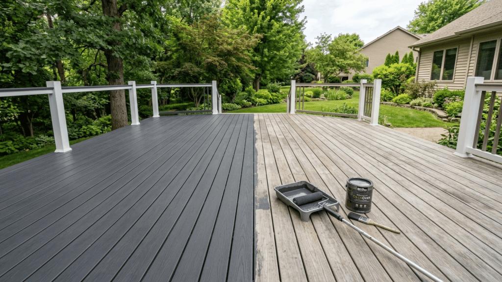 composite deck half painted showing before and after finish