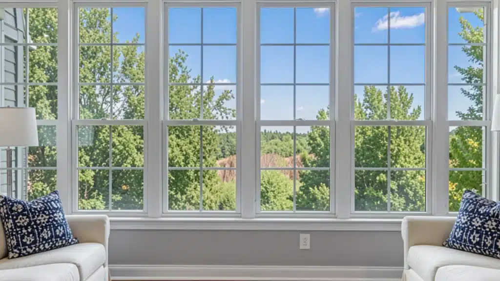 A row of white-framed windows overlooks lush green trees under a bright blue sky.