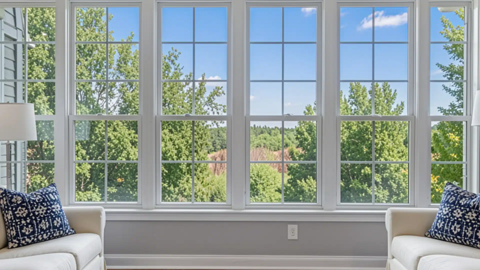 A row of white-framed windows overlooks lush green trees under a bright blue sky.