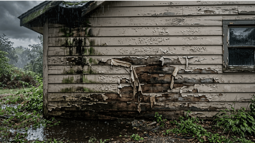 exterior wall severely damaged by rain and weather after using interior paint
