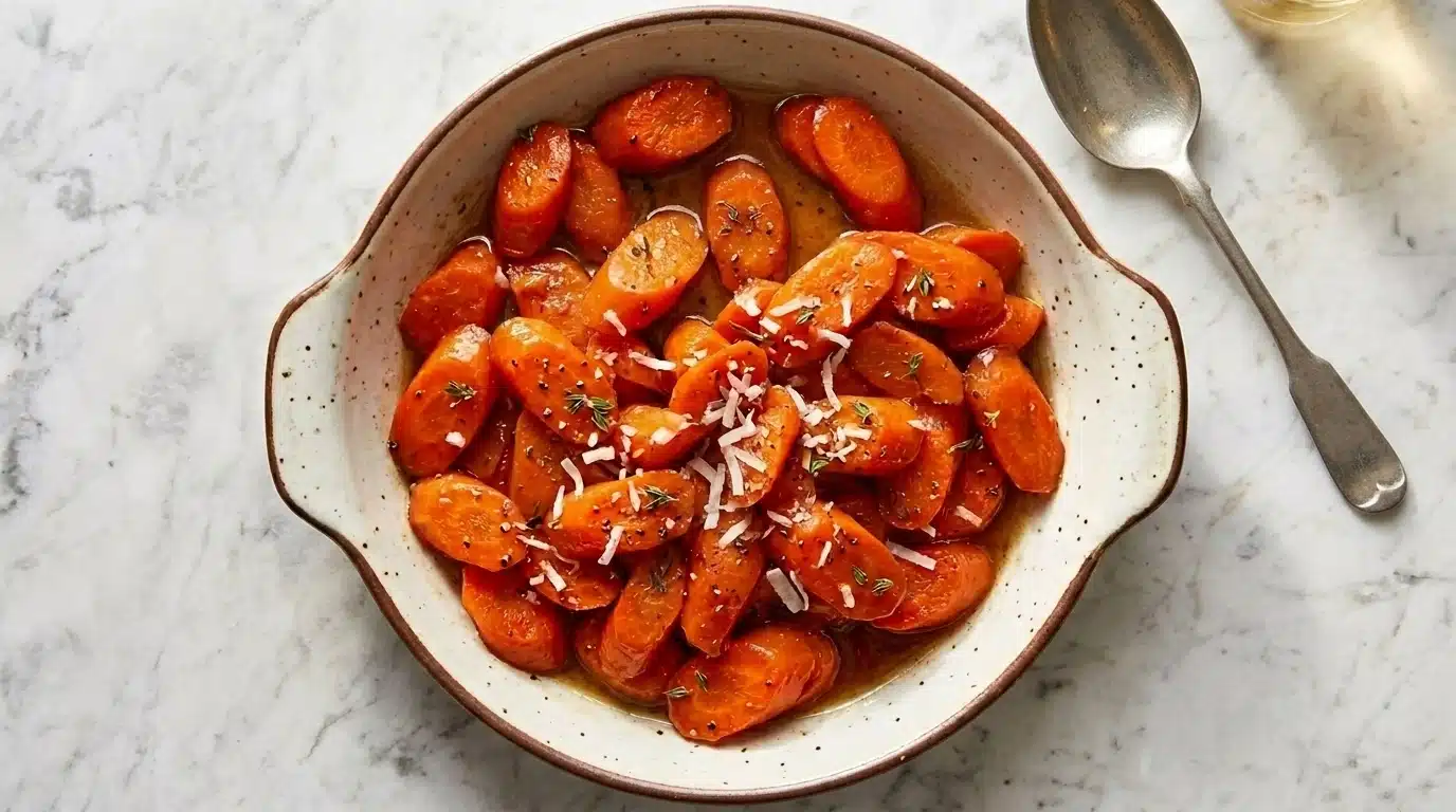 A bowl filled with sliced carrots topped with grated parmesan cheese, accompanied by a silver spoon.