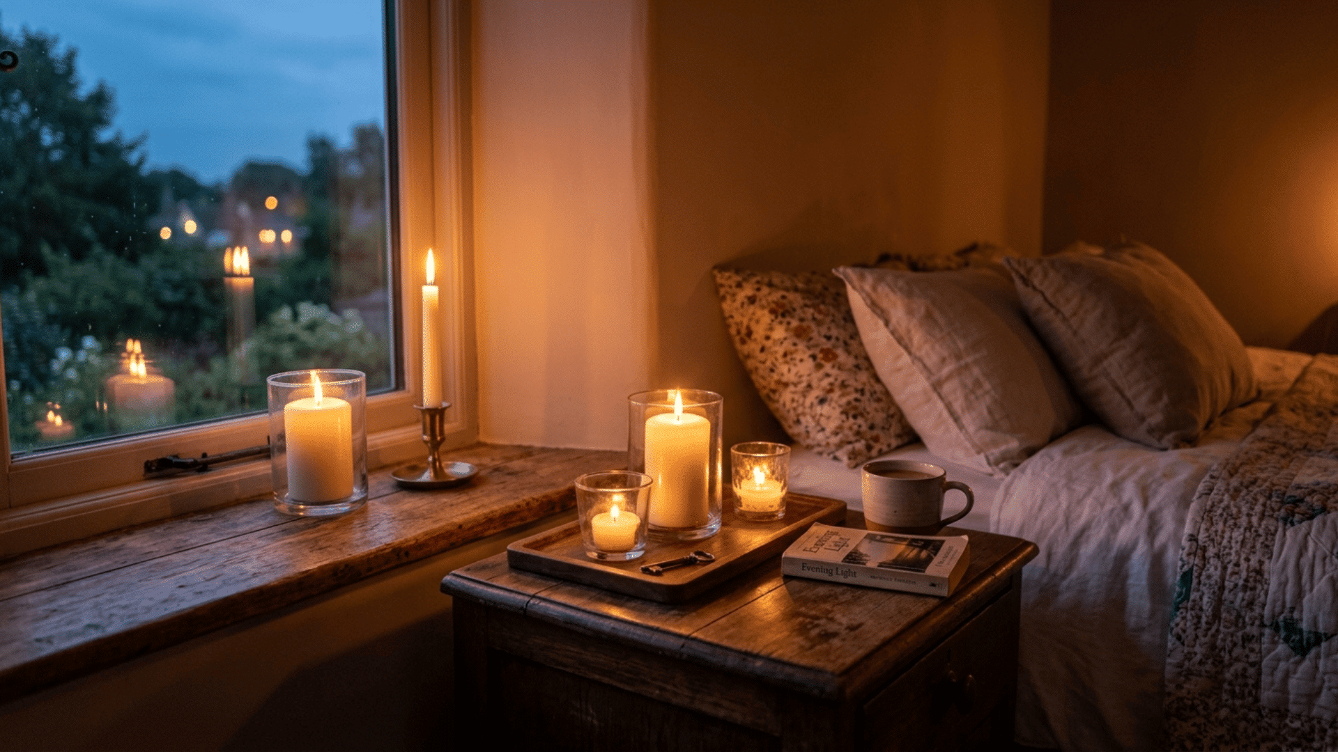 lit candles glowing on a wooden nightstand and windowsill beside a cozy bed at dusk