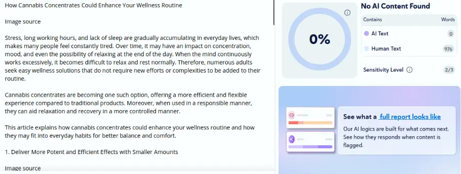 Circular graph indicating 0 percent AI content on a report with informational boxes