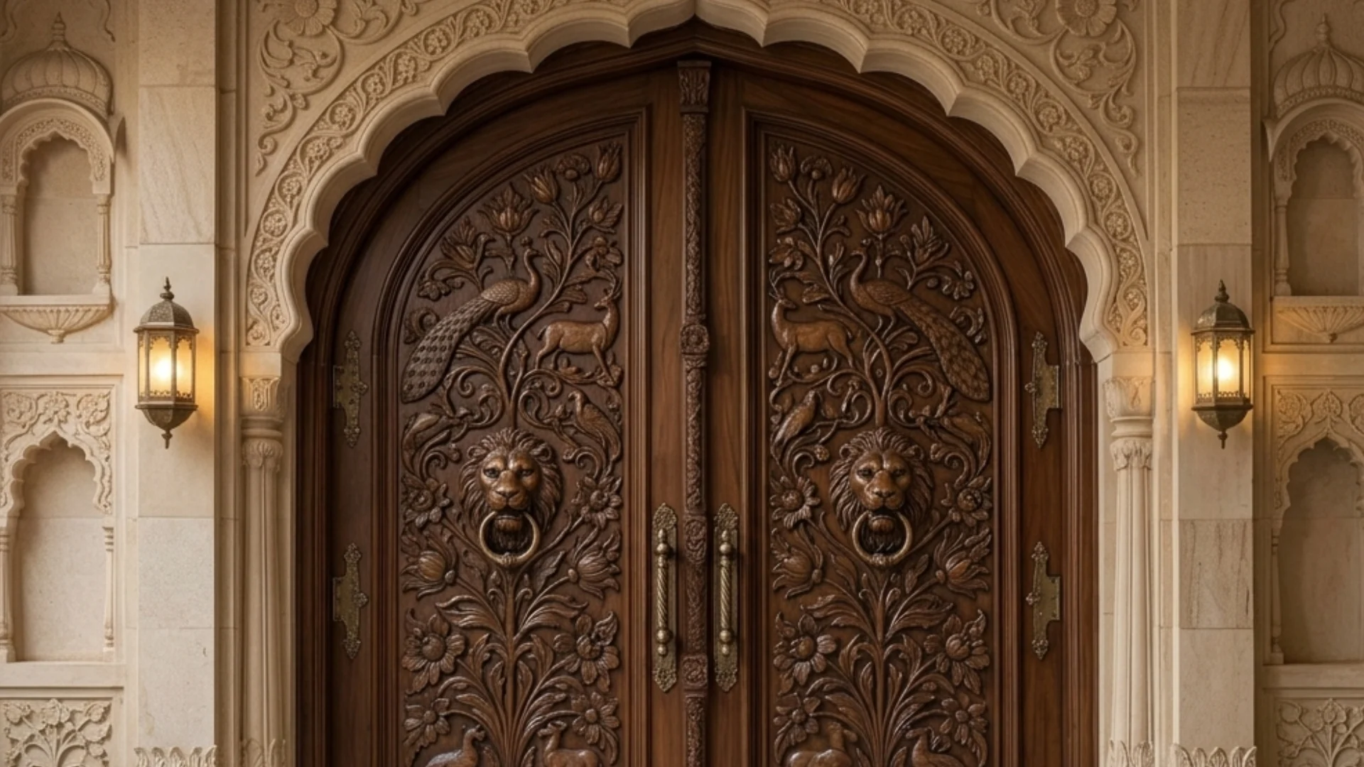 An ornate, carved wooden double door with lion head knockers is flanked by stone columns and lanterns.