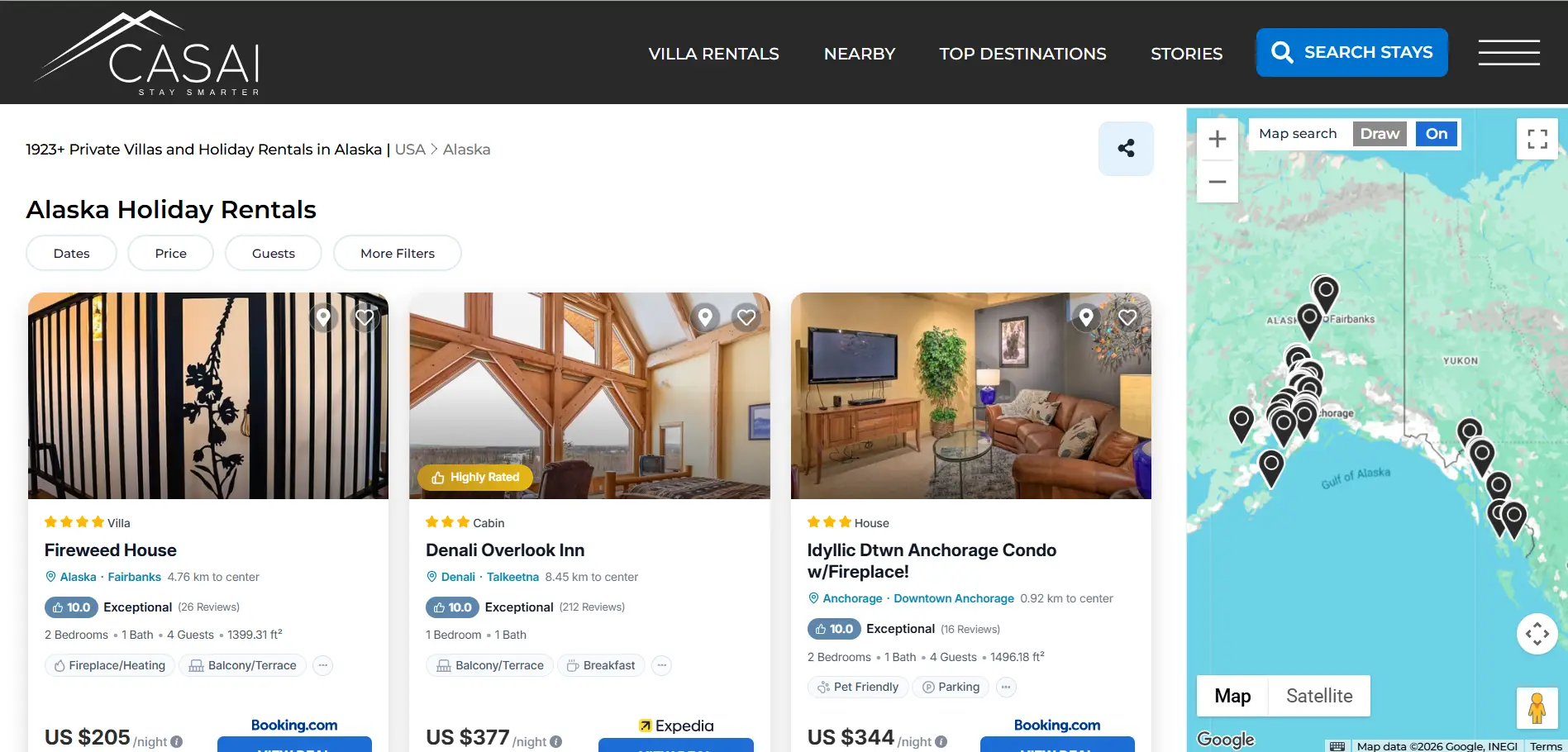Online listing of Alaska holiday rentals with map and rental options displayed