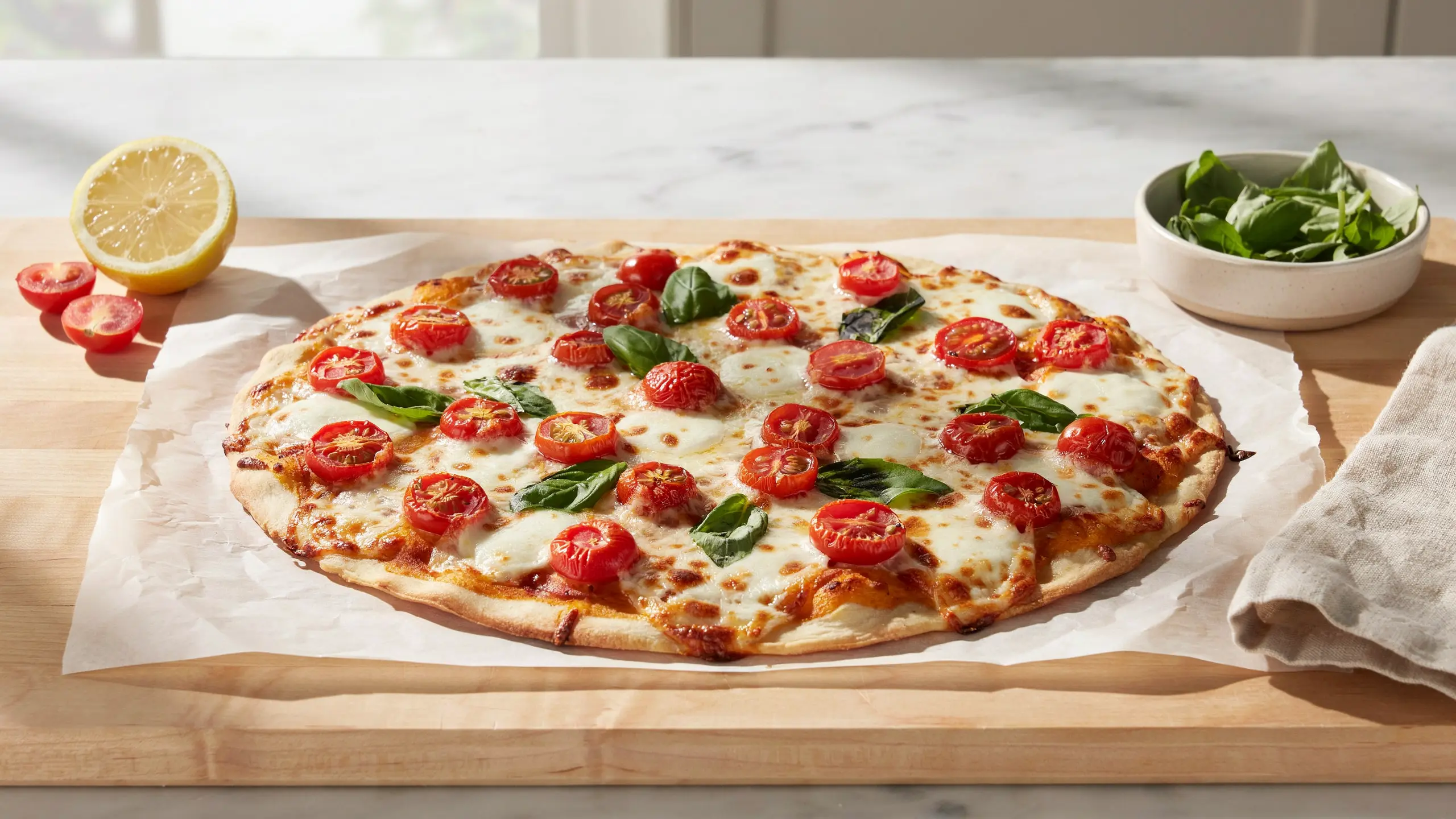 A wooden cutting board holds a delicious pizza adorned with melted cheese and ripe tomatoes.