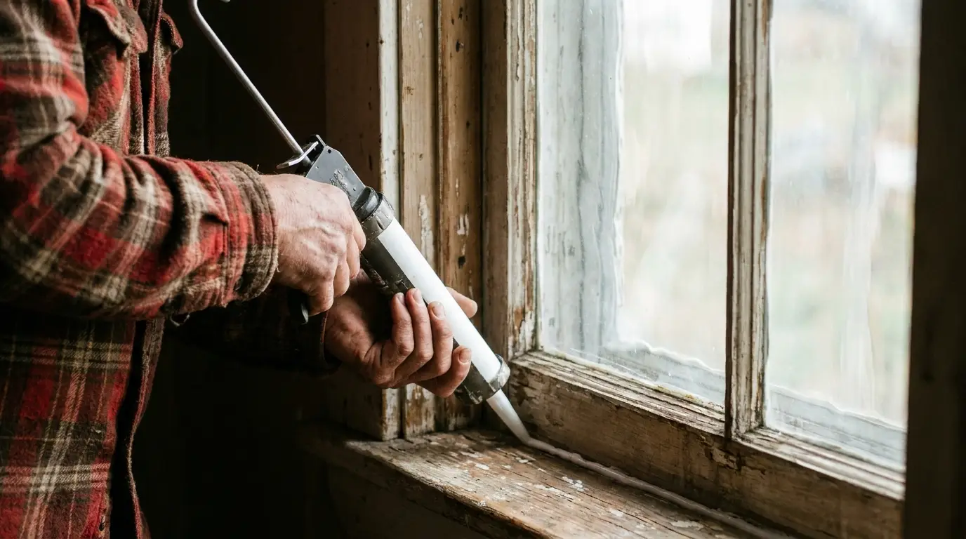 Person sealing old wooden window with caulking gun wearing plaid shirt in rustic setting