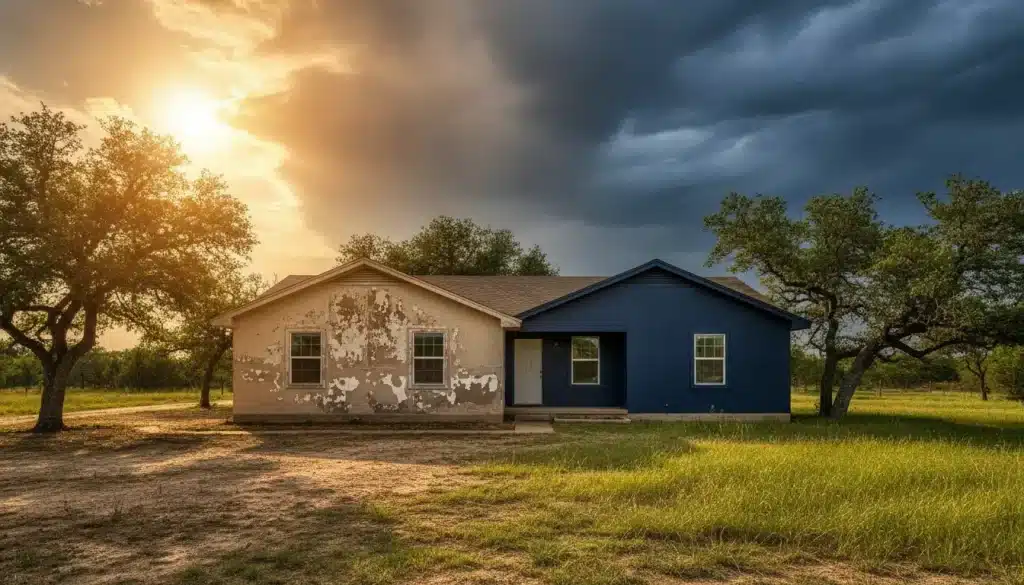 Single-story house with half walls blue and half peeling paint under cloudy sky with sun setting