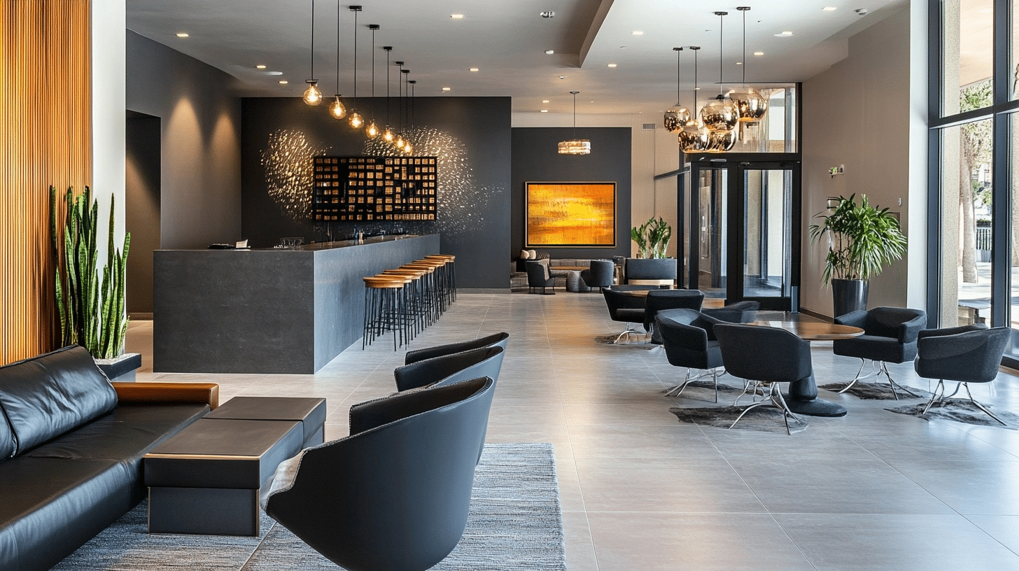 modern lobby with a dark gray bar, seating area, and abstract artwork