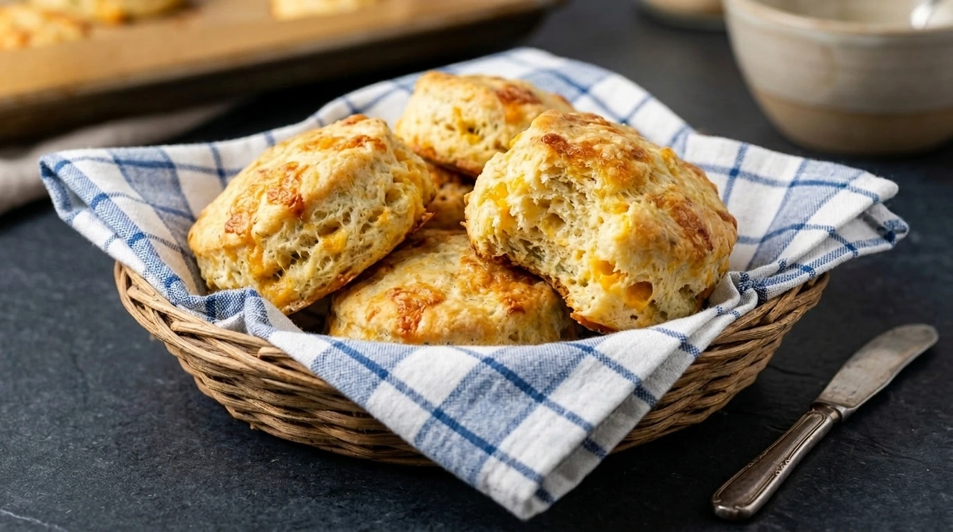 A basket filled with cheesy biscuits sits on a wooden table, invitingly arranged for serving.