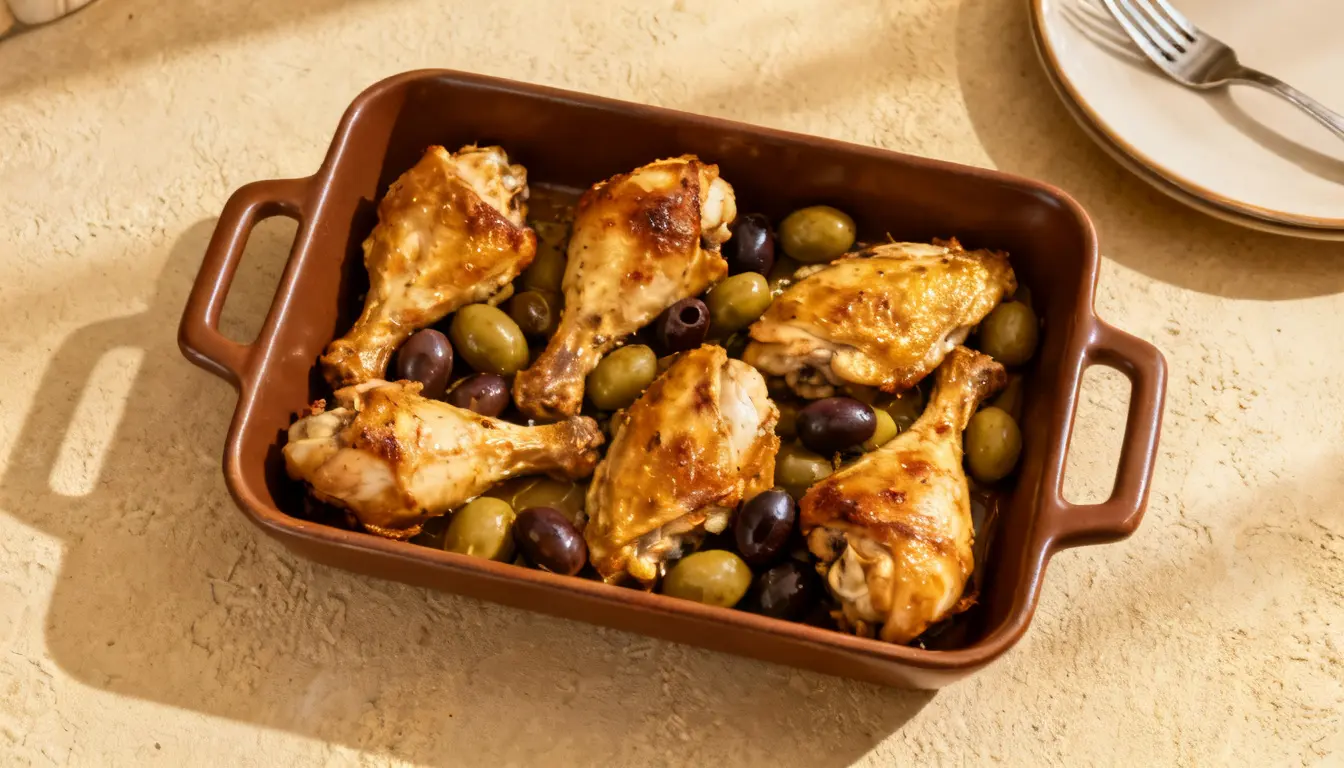 A brown baking dish filled with roasted chicken pieces and a mix of green and black olives.