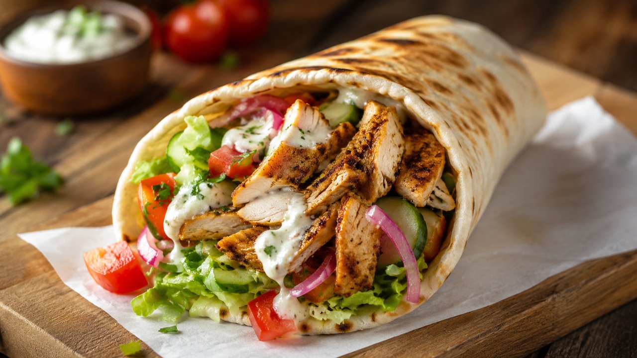 grilled chicken shawarma pita wrap filled with lettuce tomatoes cucumber red onion and creamy garlic sauce