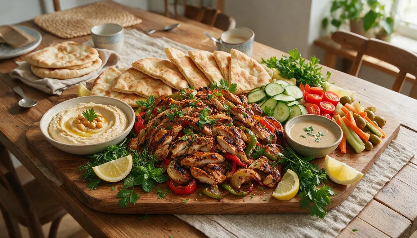 chicken shawarma platter with pita hummus tahini fresh vegetables herbs pickles and lemon wedges