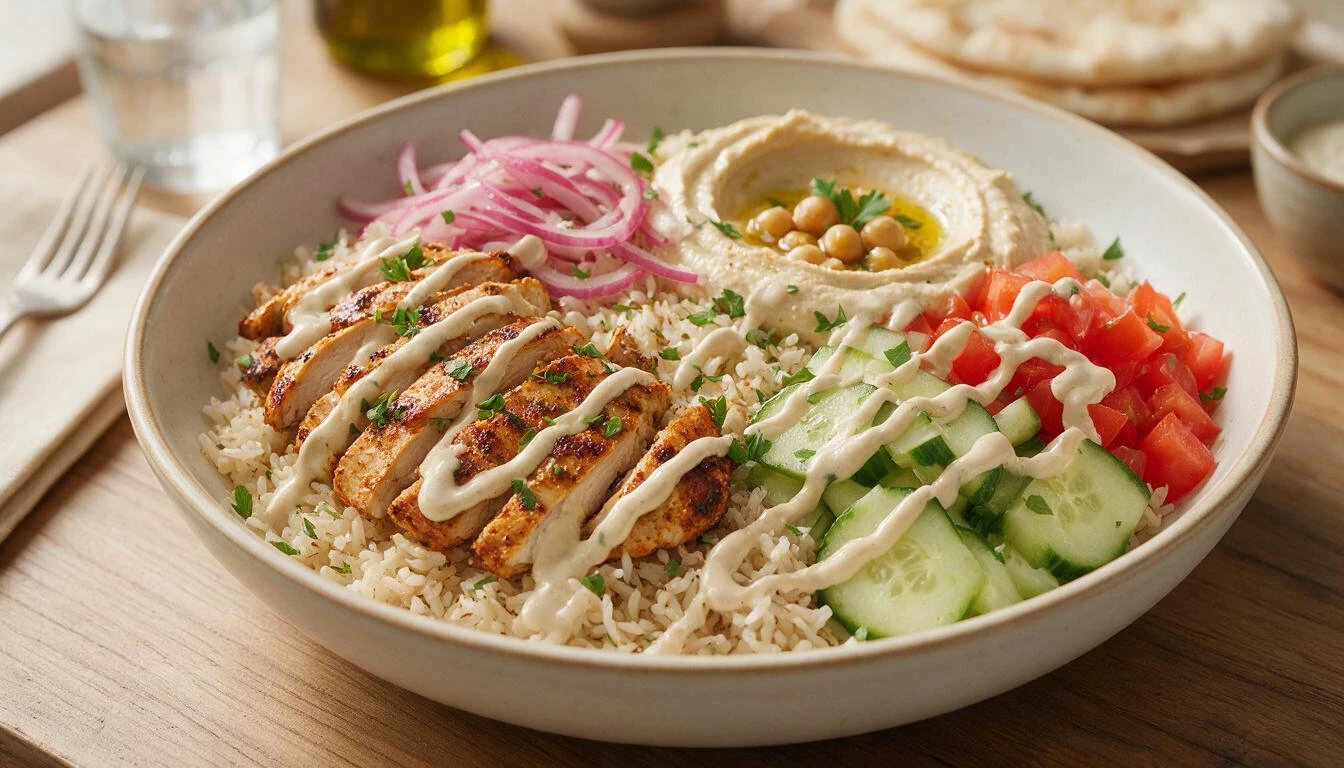 chicken shawarma rice bowl with hummus cucumber tomatoes pickled onions parsley and tahini drizzle