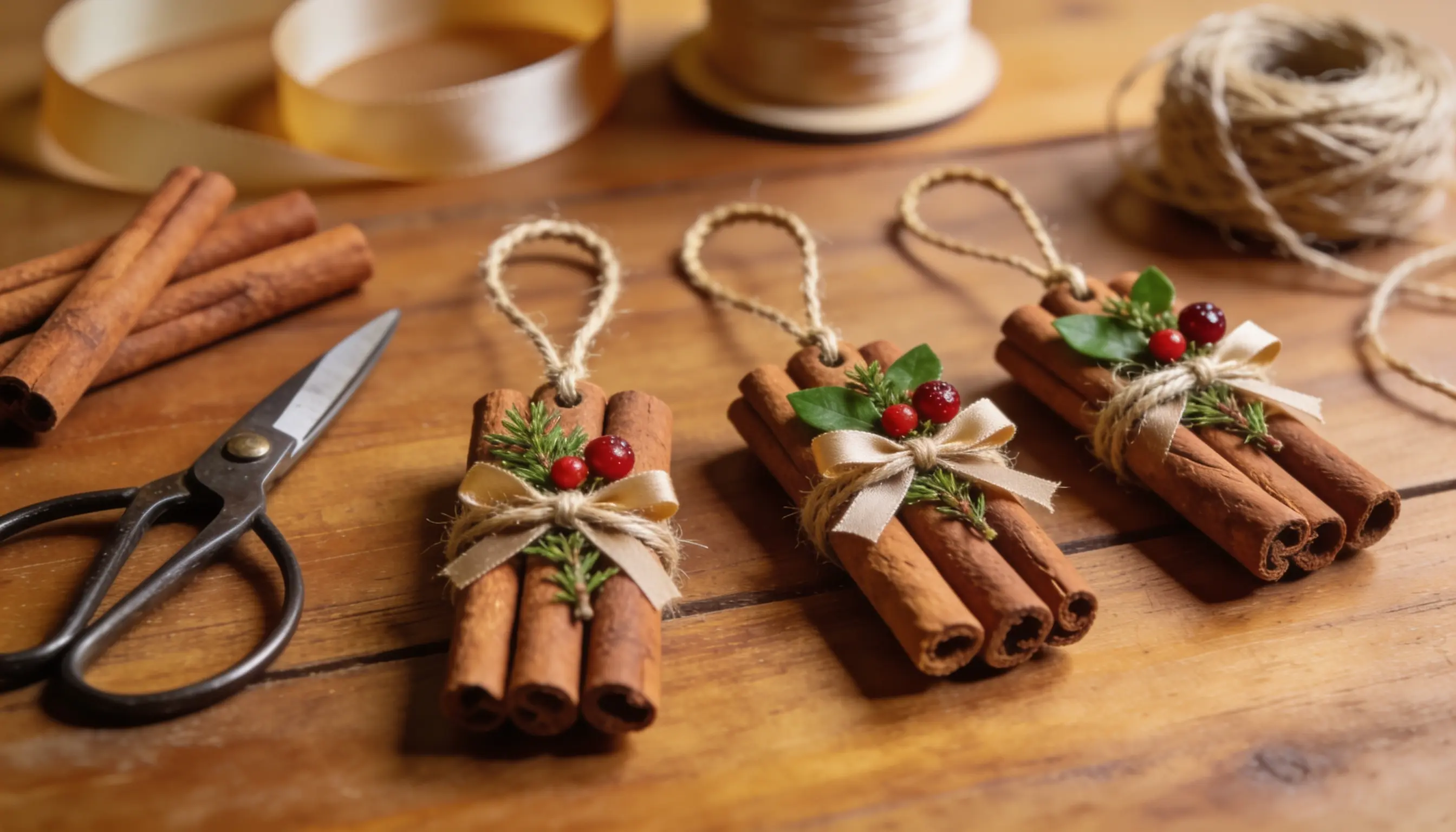 Handmade cinnamon stick ornaments with pine sprigs, cranberries, and ribbon bows sit on a wooden table with scissors and ribbon.