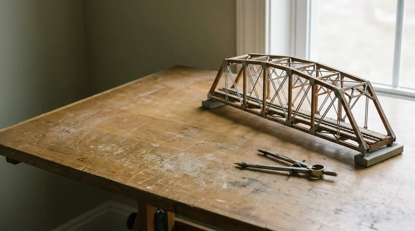 Wooden bridge model and drafting compass on rustic wooden desk near window
