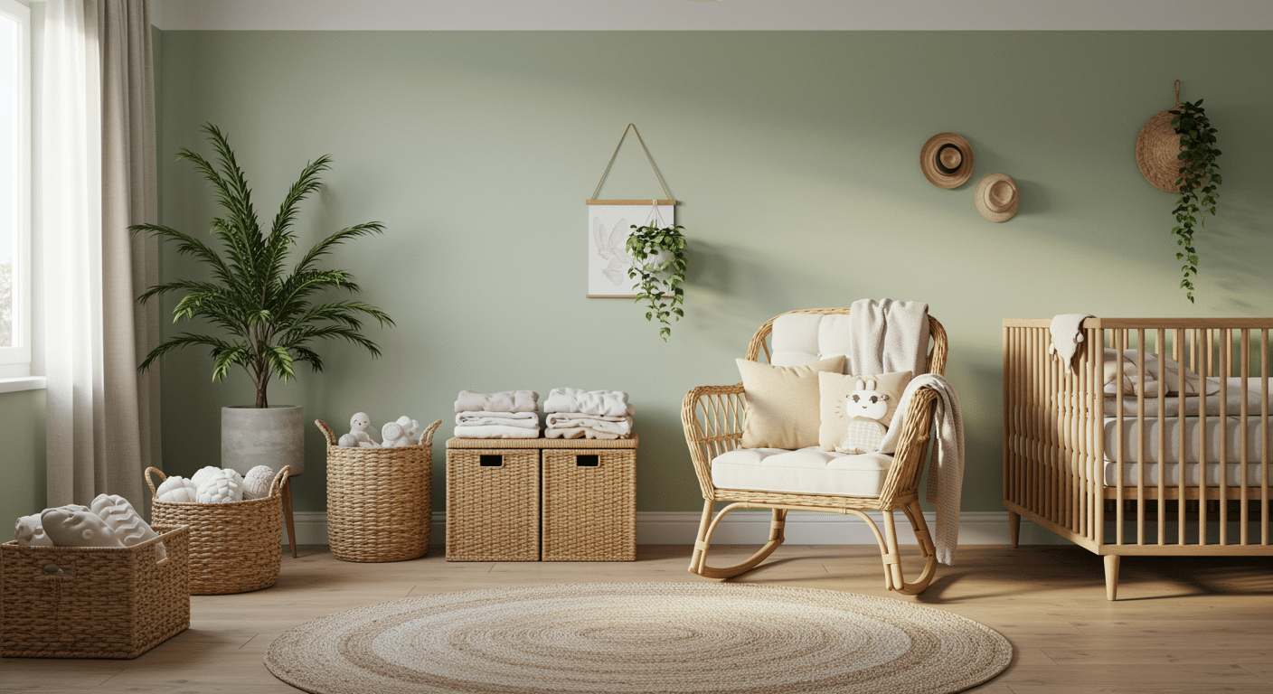 Sage green nursery with wooden crib, wicker chair, woven baskets, rug, and indoor plants.