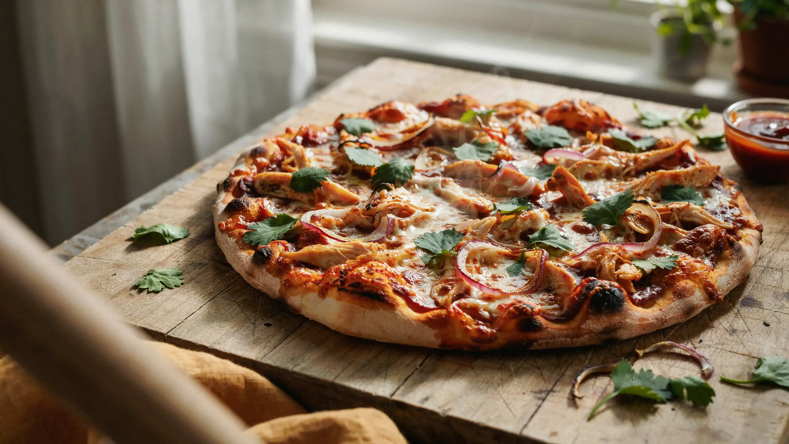 A freshly baked pizza placed on a wooden table, with a clear glass of water beside it, inviting chicken pizza.