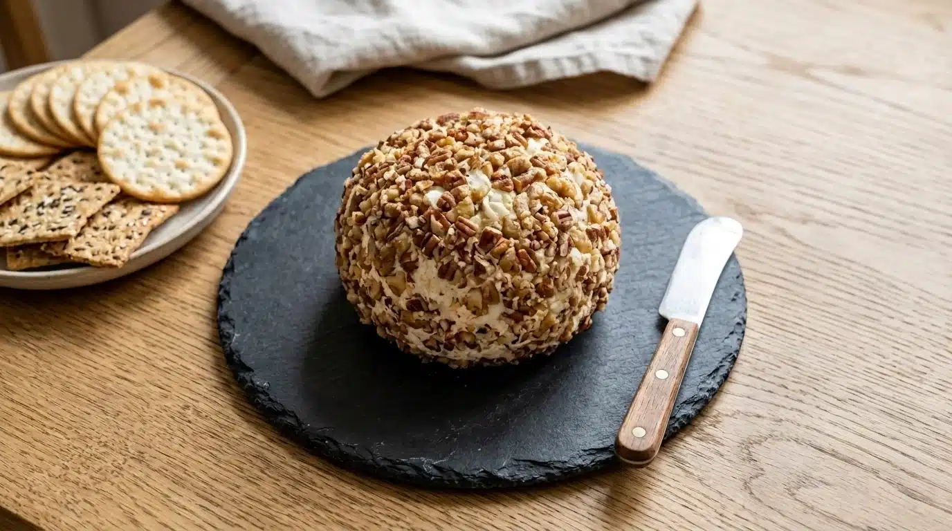 Creamy cheese ball coated with chopped pecans, served with assorted crackers for a festive holiday appetizer.