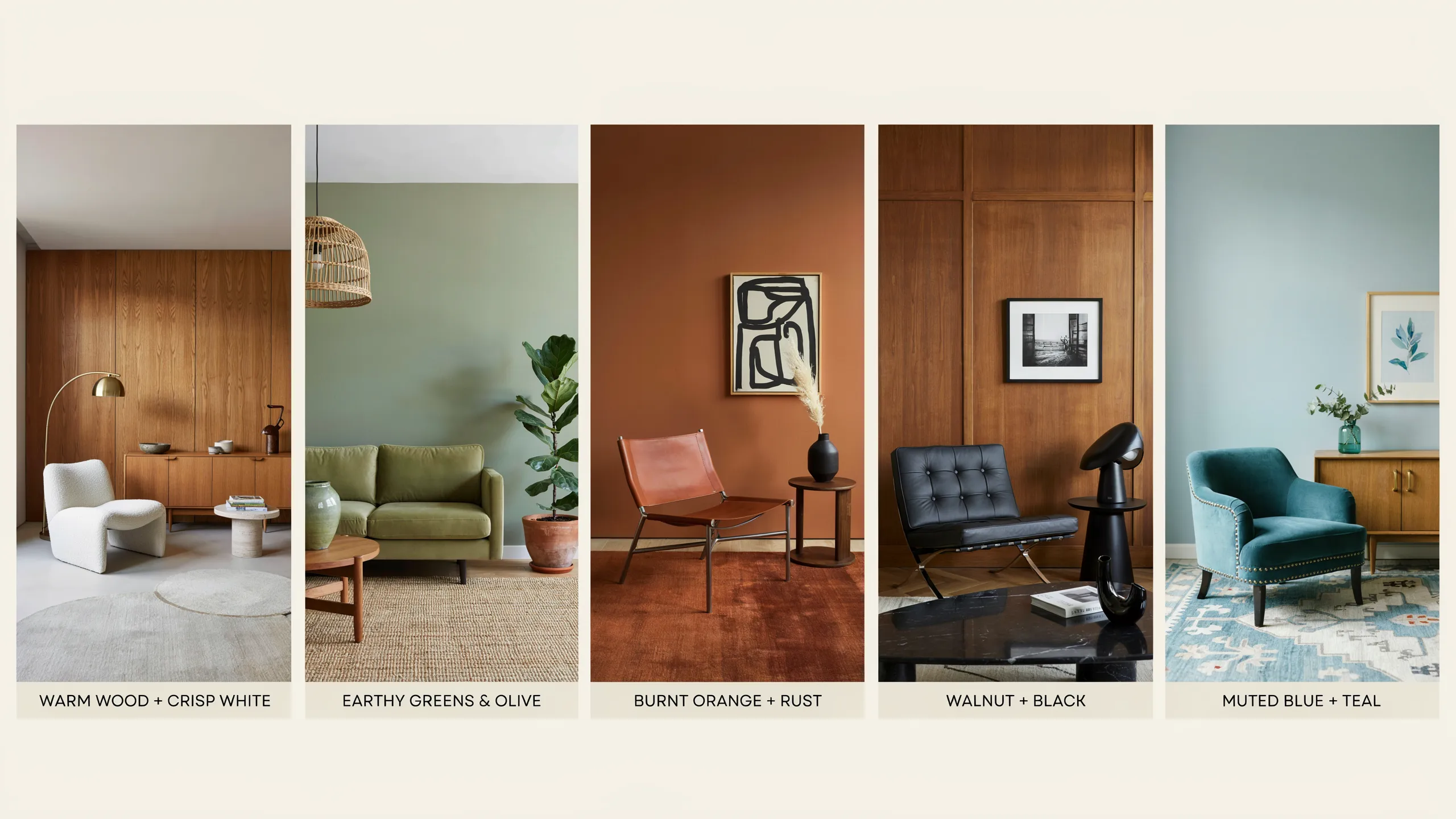 A mid-century color palette featuring warm tones for a stylish living room design.