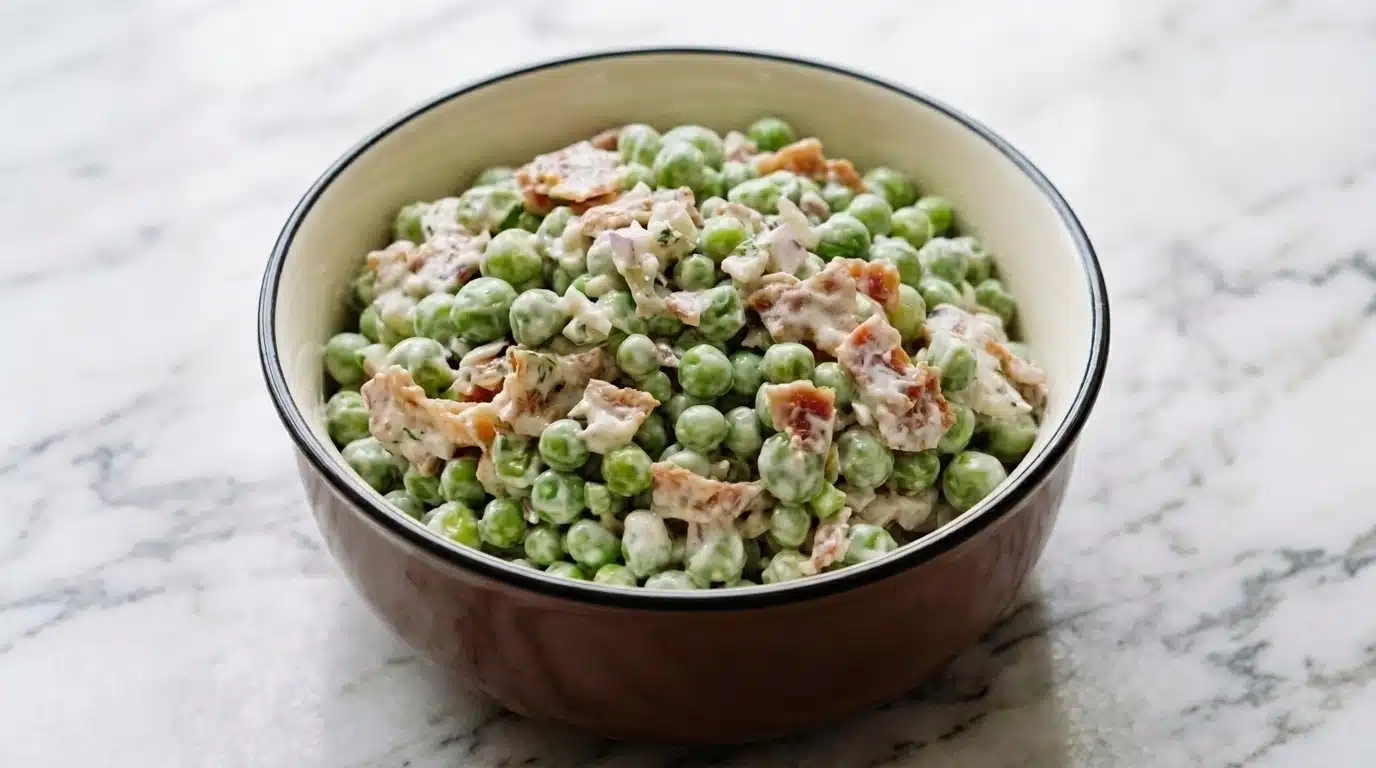 Creamy pea salad made with green peas, crispy bacon, and a rich, tangy dressing.